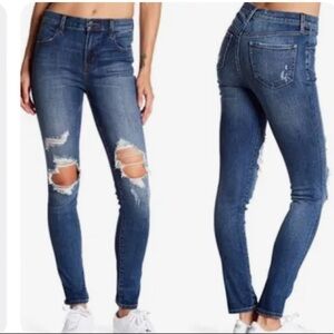 J Brand High Waisted Ankle Jean Destroyed Knee Blue Stretch Denim Size 27 Skinny